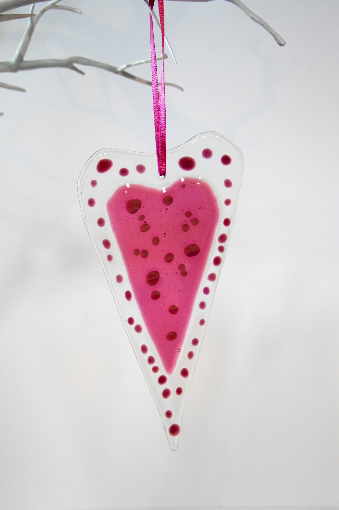 Pink Dotty Love Heart Fused Glass Hanging Decoration