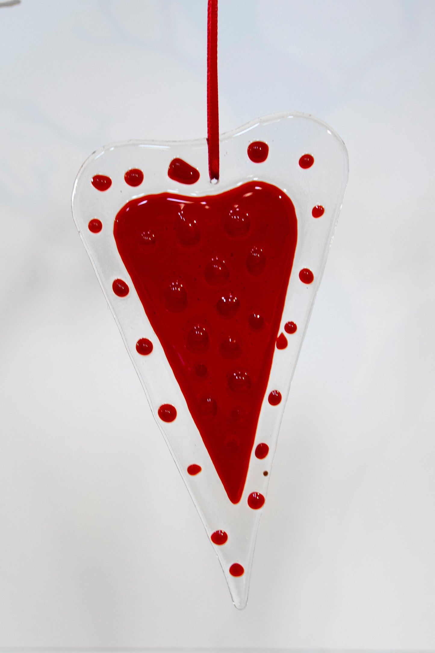 Red Dotty Love Heart Fused Glass Hanging Decoration