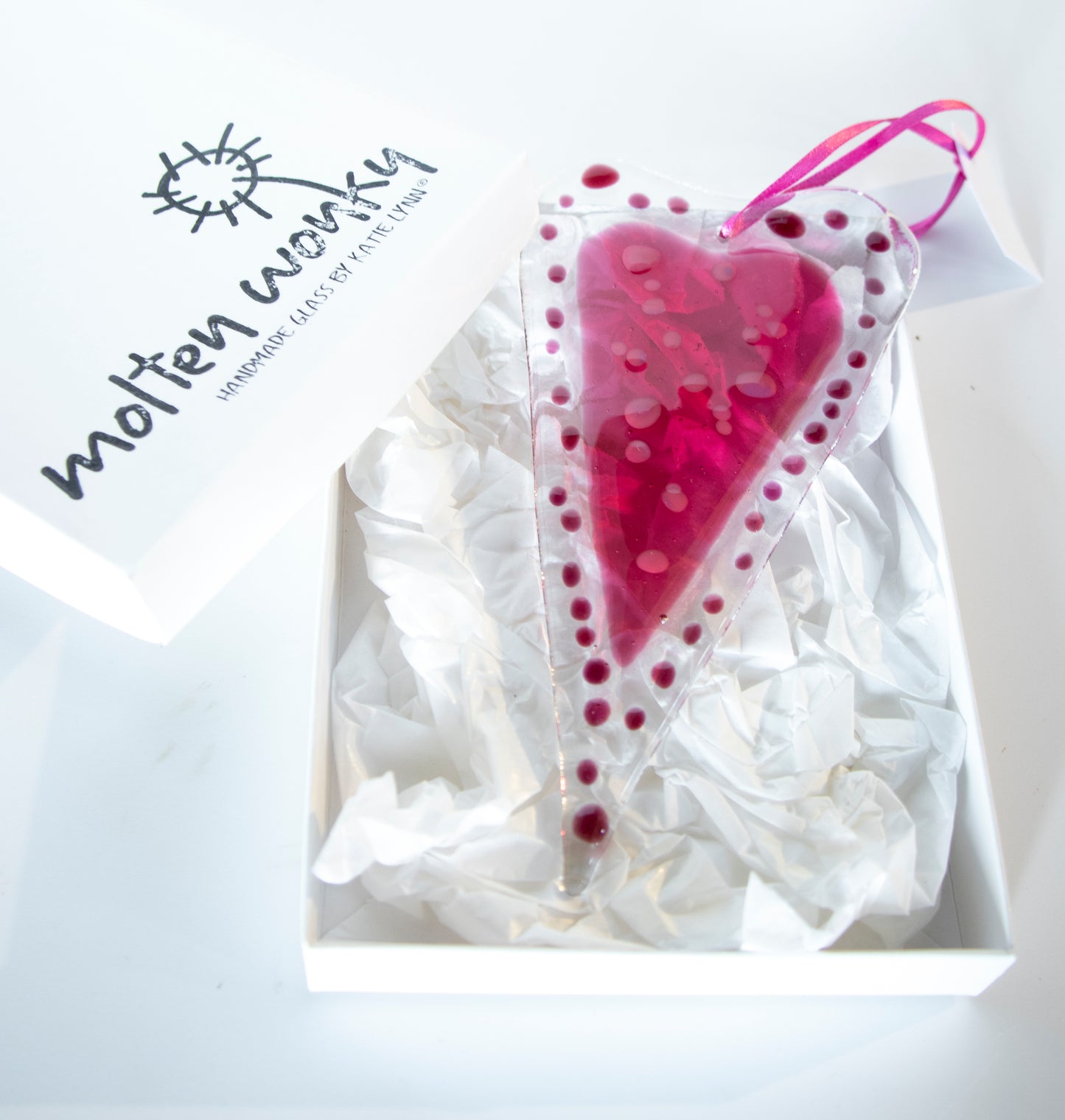 Pink Dotty Love Heart Fused Glass Hanging Decoration