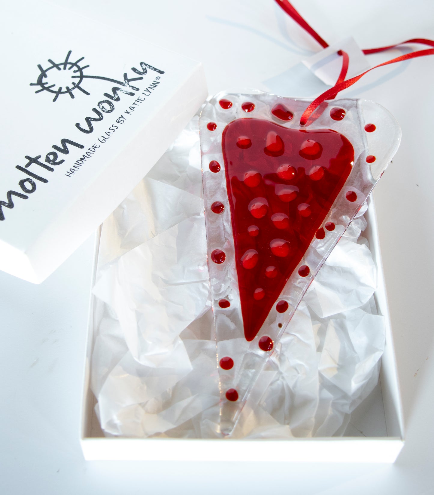 Red Dotty Love Heart Fused Glass Hanging Decoration