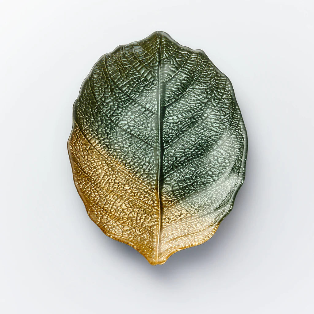 Glass Leaf Plate - green & gold