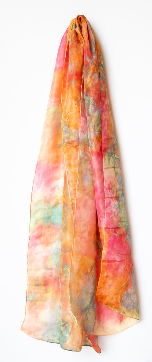 Hand Painted Silk Scarf in bright sunset colours - 100% Silk