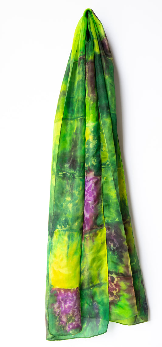 Hand Painted Silk Scarf in forest greens - 100% Silk