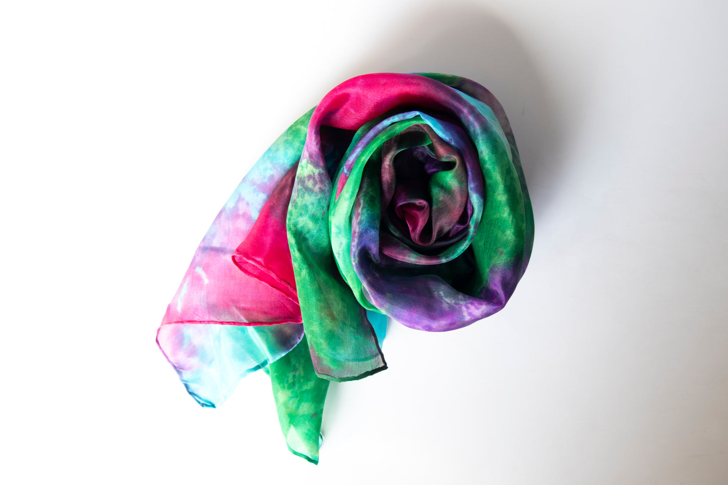Hand Painted Silk Scarf in bright pink, blue and green - 100% Silk