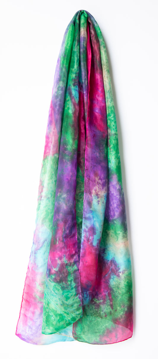 Hand Painted Silk Scarf in bright pink, blue and green - 100% Silk