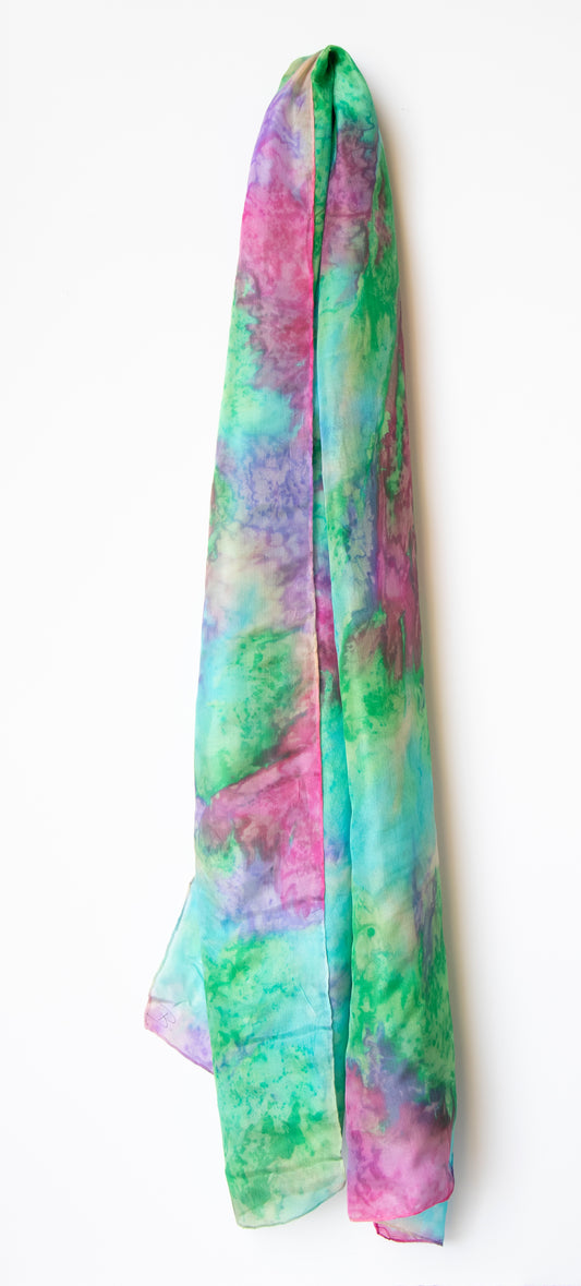 Hand Painted Silk Scarf in soft pink, blue and green - 100% Silk