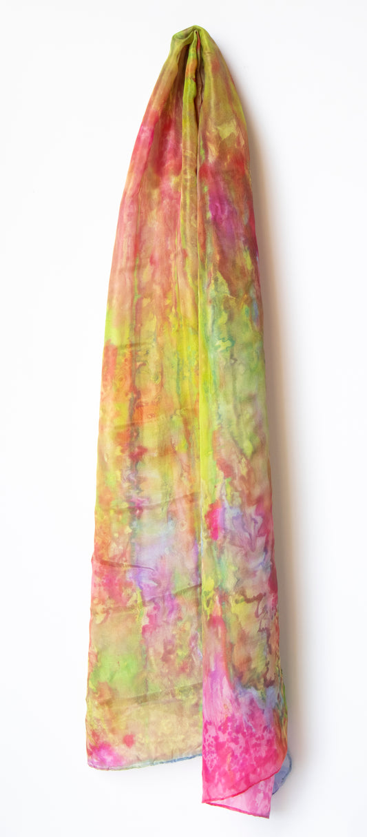Hand Painted Silk Scarf in soft rainbow colours - 100% Silk