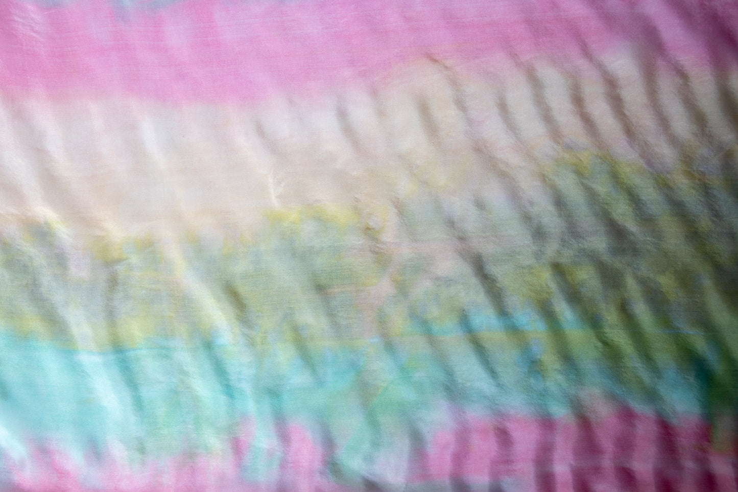 Hand Painted Silk Scarf in soft green, gold and pink - 100% Silk