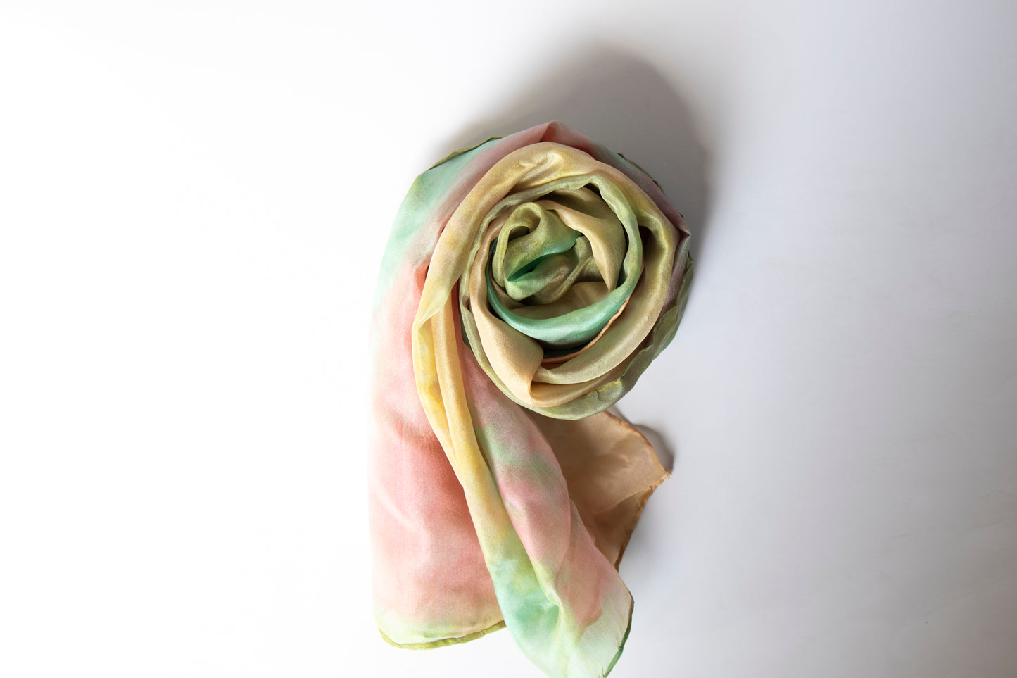 Hand Painted Silk Scarf in soft green, gold and pink - 100% Silk