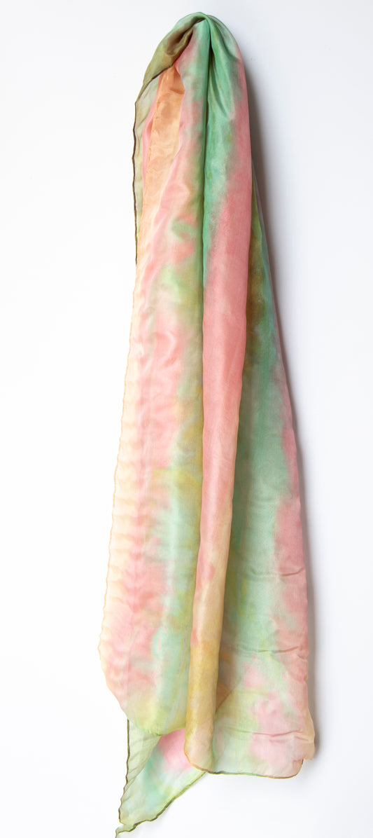 Hand Painted Silk Scarf in soft green, gold and pink - 100% Silk