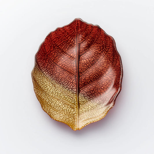 28cm Glass Plate - Leaf Design - Brown & Gold