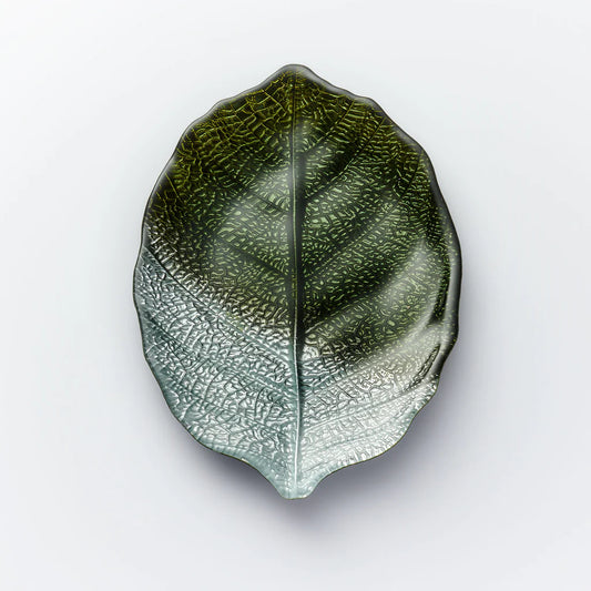 28cm Glass Plate - Leaf Design - Green & Silver