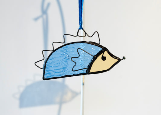 Hanging Glass Hedgehog - blue and pale lemon