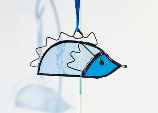 Hanging Glass Hedgehog - textured clear and blue