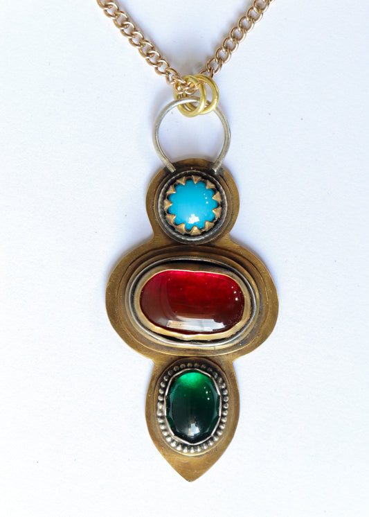 Turquoise, Red and Green Pendant Necklace